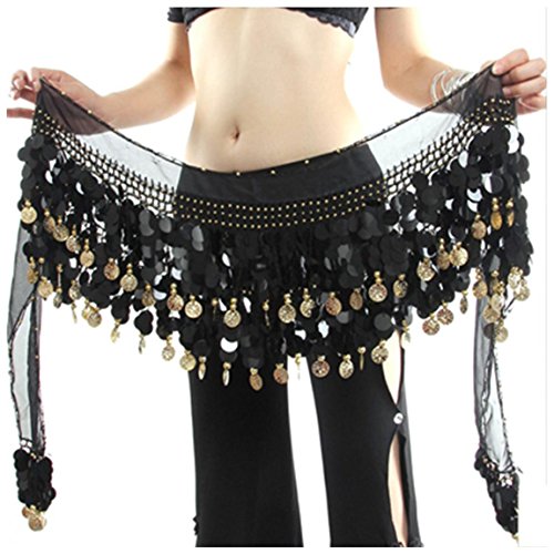 Image of VRITRAZ Women's Chiffon Belly Dance Hip Scarf Waistband Belt Skirt Mixed Colors Beads and Golded Coins 56 Black