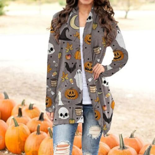 FASHGL Halloween Cardigan for Women Pumpkin Face Print Tunic Shirt Spooky Season Lightweight Long Sleeve Cardigans2