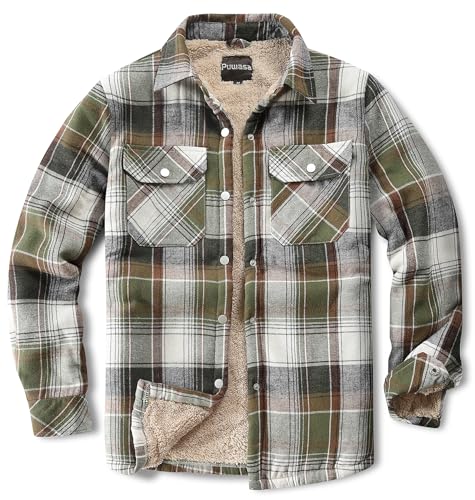 Puwasa Women's Fleece Lined Flannel Plaid Shacket Casual Button Down Long Sleeve Shirt Jacket Coats Green Large