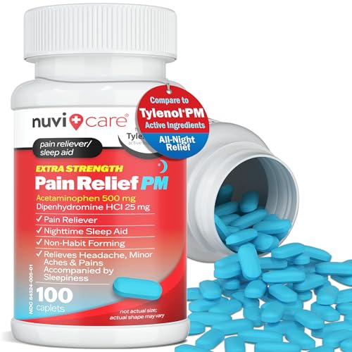 Image of NUVICARE Pain Relief PM, Acetaminophen 500mg & Diphenhydramine 25mg, 100Ct | Compares to Tylenol PM; relieves nighttime aches, pains & headache while helping you fall asleep, extra strength, sleep aid