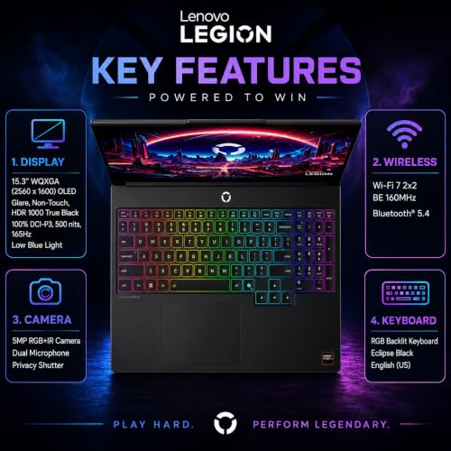 Image of Lenovo Legion 5a Gaming Laptop, AMD Ryzen 7 250, GeForce RTX 5060, 15.3 inch WQXGA (2560x1600) 165Hz OLED Display, 16GB DDR5 RAM, 1TB SSD, Wi-Fi 7, RGB Backlit, Win 11, Black, w /Portable 500GB Drive