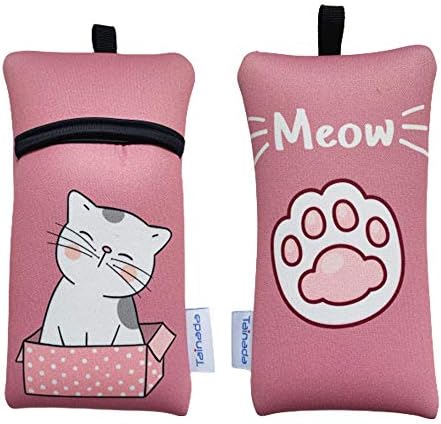 Tainada Shockproof Smartphone Neoprene Sleeve Carry Bag Pouch with Neck Lanyard & Carabiner for iPhone 14/13 / 12 Pro Max; Samsung S22, A52s, A13; Google Pixel 7, 6a; TCL A30 (Cat Meow Pink)