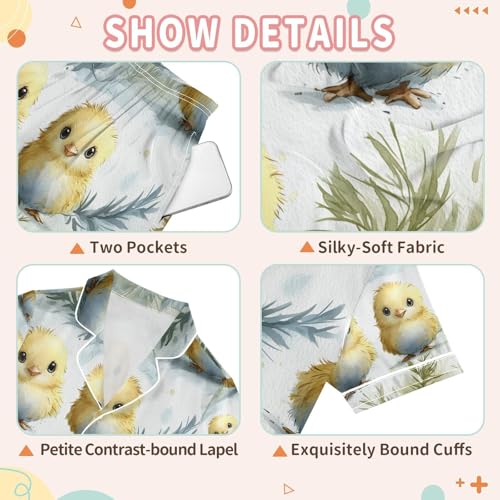 senya Chicken Pattern Yellow Satin Summer Pajama Sets Silk Short Sleeve Button Down Sleepwear3