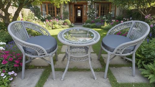 Image of India 3 Piece Outdoor Rope Patio Set with Glass Top Table & Water Resistant Cushions for Garden, Deck, Lawn, Poolside