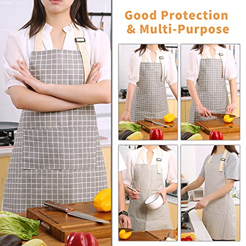 Image of Tosewever 2 Pieces Kitchen Cooking Aprons, Waterproof Linen Adjustable Bib Aprons with 2 Pockets for Women Men Chef (Grey Stripes /Plaids, 2)