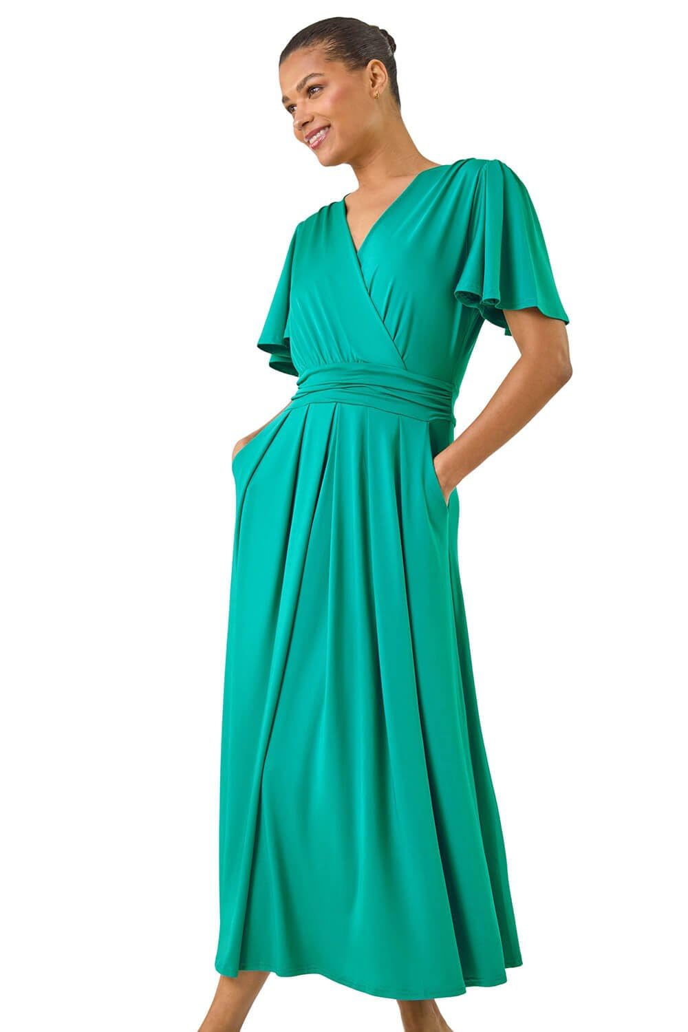 Roman Originals Women's Jade Roman Fit And Flare Dress For Chest Twist Knot Ruched Tea Skater Empire Waist Wedding Guest Smart Casual Swing Midi 3/4 Long Sleeve Knee Length - Size 12