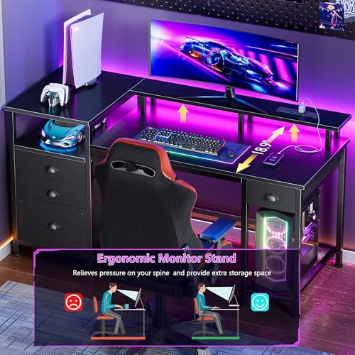 Image of Furologee 52 inch Gaming Desk with 4 Drawers & LED Lights, Power Outlet, Black