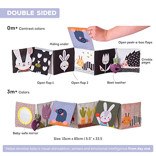 Image of Taf Toys Urban Garden Soft Cloth Newborn Book, Crinkle Baby Book. High Contrast Sensory Toys. Early Education Activity Toy. Infant Tummy Time Toys. Multi-Sensory Textures and a Baby-Safe Mirror