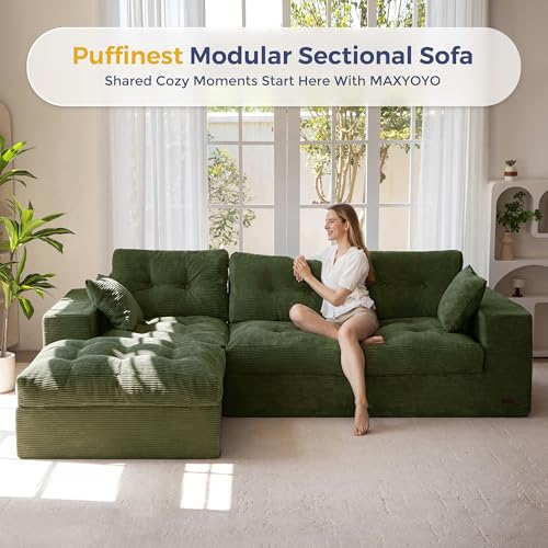 Image of MAXYOYO 104 inch L Shaped Modular Sectional Sofa with Ottoman, Cloud Boneless Couch with Layered Cushion, Upholstered Sofa Flexible Module Combination for Living Room, No Assembly, Dark Green