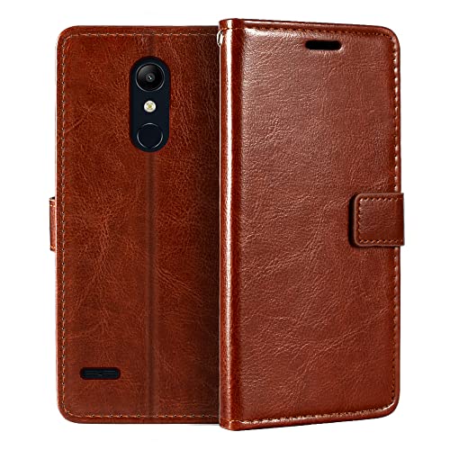 Shantime Leather Case Compatible with LG K10 2018, Business Design Magnetic Flip Cover with 3 Card Slots, Photo Frame, and Hidden Wallet(Brown)