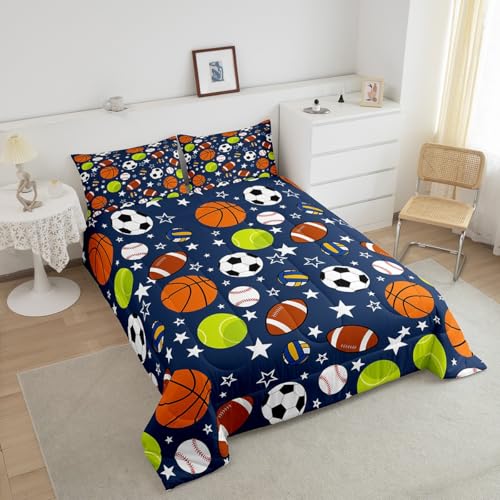 Image of Feelyou Sports Theme Bedding Set Twin Size Basketball Football Baseball Tennis Comforter Set for Kids Boys Girls Teens Toddler Sports Game Duvet Set Navy Blue Quilt Set 2Pcs, Queen