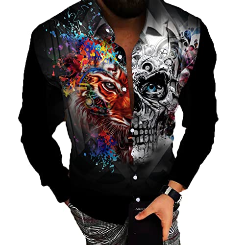 GO2NAATI Heren Shirt Lange Mouw Oversize Shirt Losse Oversize Mens Fashion Horror Skull Print Shirt Mens Lange Mouw Vest Shirt - Afbeelding 3