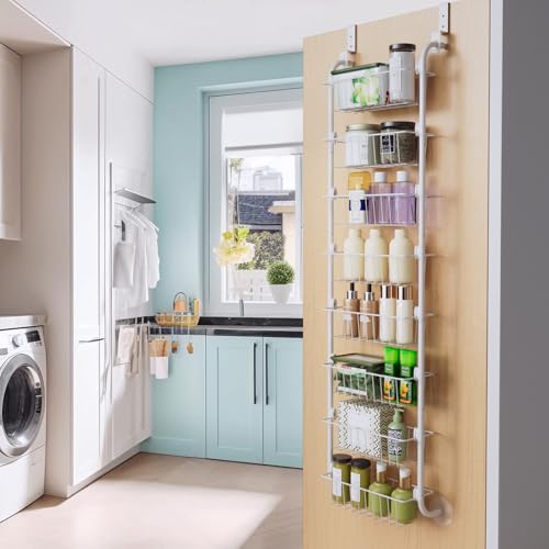 Image of Delamu Narrow Over The Door Pantry Organizer, 8-Tier Metal Pantry Door Organization and Storage for Easy Install, Hanging Spice Rack Shelves, Door Organizer for Kitchen, 4.65 inchD x 13 inchW x 65 inchH, White
