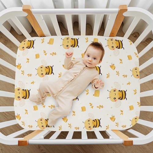 Image of Fitted Crib Sheets Yellow Bee Holding Honey Pot Stretchy Portable Playard Sheets for Baby Toddler, Breathable Soft Mini Crib Mattress 39 x 27 in for Boys and Girls