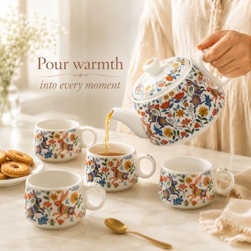 Image of The Earth Store Premium Handcrafted Bunny Floret Ceramic Tea Set with Kettle Microwave and Dishwasher Safe 6 Tea Cups & 1 Kettle | Tea Pot Set | Morning Set