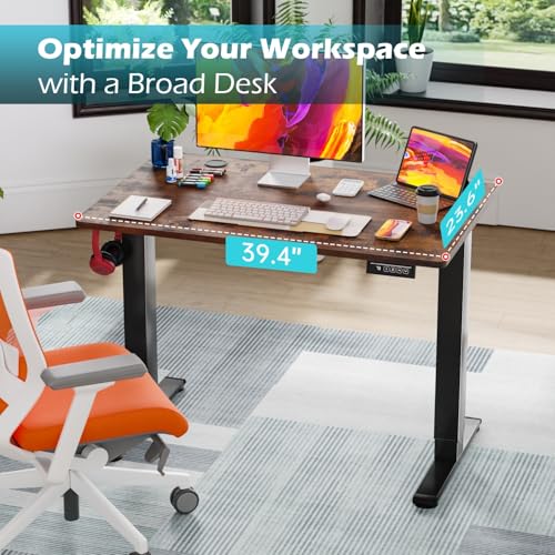 Image of PayLessHere 40 Inch Electric Standing Desk Sit Stand up Desk Home Office Desk with Large Space Headphone Holder 2 Memory Function for Home,Office,Meeting Room (Brown)