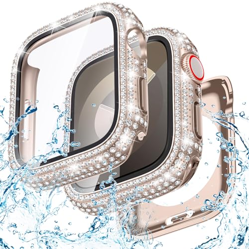 Goton 41mm Waterproof Bling Case for Apple Watch Screen Protector Series 9/8/7 41 mm Sparkling PC Front Bumper & Hollow Back for iWatch Cover Splash-Resistant Easy Install