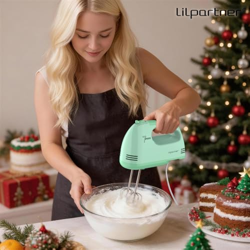 Image of LILPARTNER Hand Mixer Electric, Ultra Power Kitchen Hand Mixer With 7-Speed & 5 Stainless Steel Accessories for Whipping Dough, Cream, Cake, Dishwasher Safe, Light Green