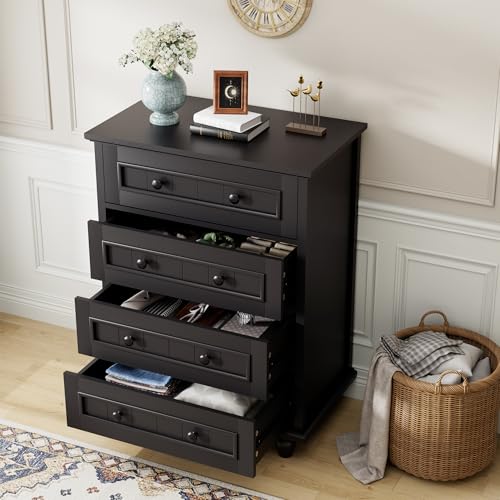 Image of 4 Drawer Dresser for Bedroom, 35'' Tall Storage Chest of Drawers, Black | Farmhouse Dresser for Closet, Wood Storage Cabinet, Vintage Roman Column Legs, Painted Finish, Easy Assembly, Heavy Duty