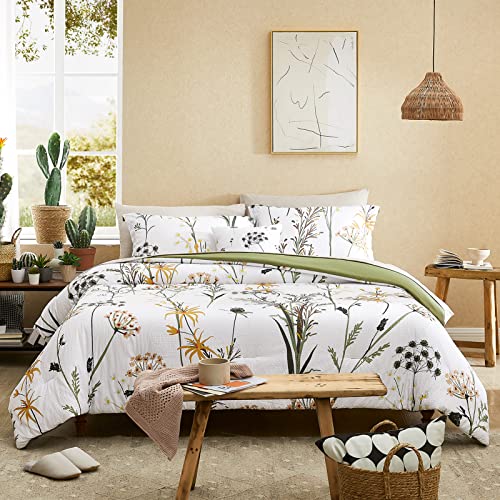 CASAAGUSTO King Comforter Set 7 PCS White & Green Dandelion Plant Comforter Set with Flowers Leaves Pattern Soft Seersucker Design All Season Bedding Set(102"X90")