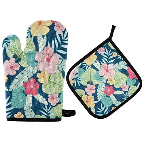 Akiraki 鍋つかみ オーブンミトン アロハ ハワイ 花柄 かわいい エレガント 耐熱 オーブングローブ 鍋敷き 耐熱ミトン キッチン用品 北欧 厚手 断熱 バーベキュー BBQ クッキング