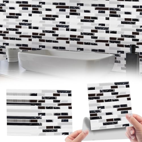 Crédence Adhesive pour Cuisine, Stickers Muraux Dalle PVC Adhesive Sol Stickers Muraux Cuisine, 48 Pièces 10x10cm Motif 3D Mosaïque Noir et Blanc pour Mur...