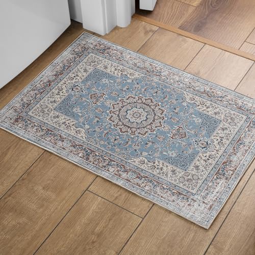 OMERAI Teppich Wohnzimmer Waschbarer Kurzflor Teppich Orientalisch Weiche Schlafzimmer blau...