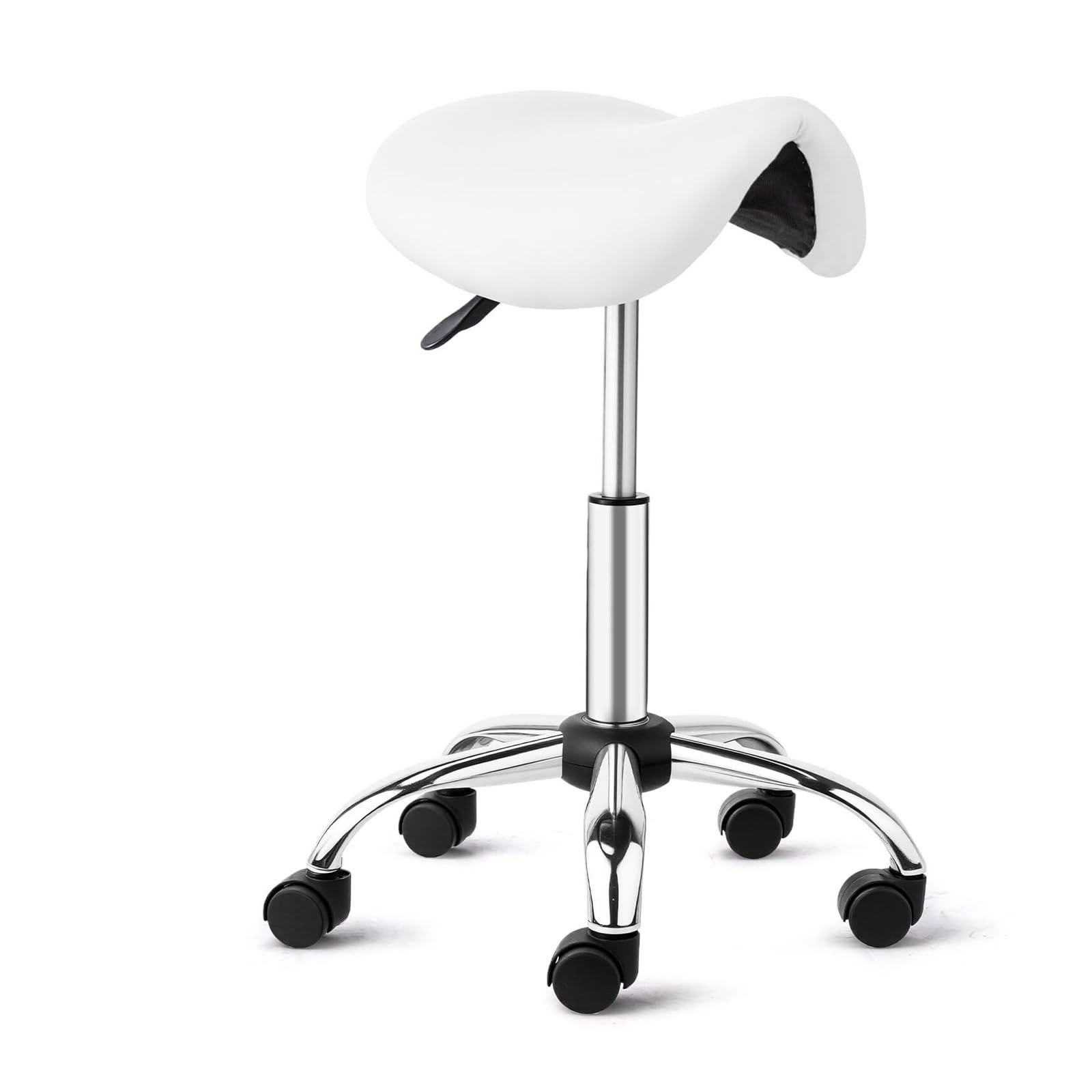 METTEOR Saddle Stool Rolling Chair, Saddle Chair with Swivel Wheels, Adjustable Hydraulic Stylist Cutting Stool for Salon Tattoo Massage (White)