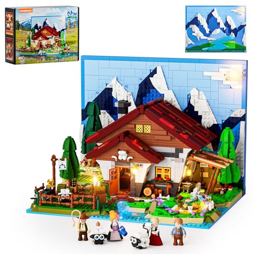 Lumibricks Shepherd's Cottage Alpine Farm - Juego de construcción de granja alpina, modelo de montaña 2265 piezas con luces LED y telón de fondo 3D, juguete interactivo de granja de ovejas con 4