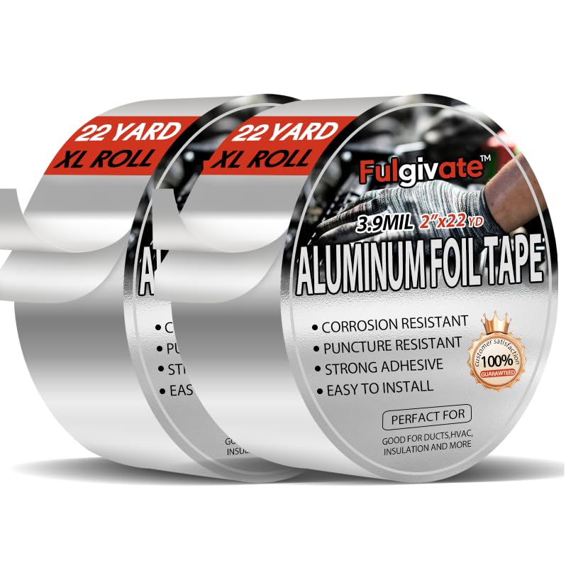 Image of 2 pack Aluminum foil tape, 2 Inches x 22 Yards, suitable for sealing and repairing dryer exhaust lines, piping systems, etc., insulating adhesive metal high temperature heavy duty aluminum foil tape