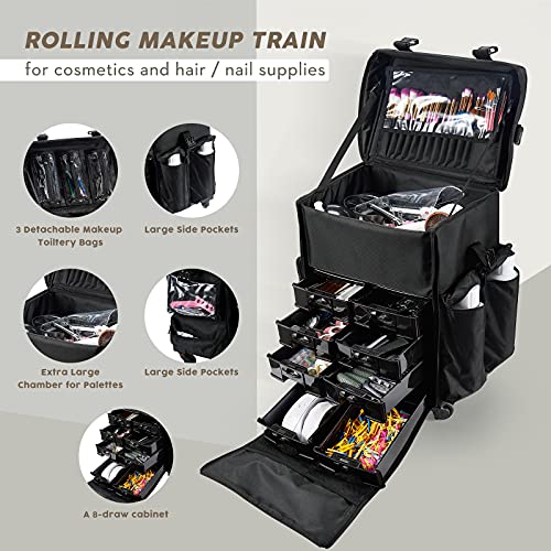 Costravio Makeup Travel Case 2In1 Makeup Rolling Case Soft Sided Nylon Makeup Artist Cosmetic Organize Travel Cosmetology Train Case With Wheels, Black Professional Makeup Case #TOP2