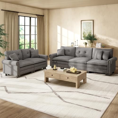 Image of HERA'S HOUSE Modular Sectional Sofa Set for Living Room 2-Piece Deep Seats | Mid-Century Modern 5-Seater Cloud Sofa Set, Dark Grey, Rolled Arms & Nailhead Trim, Wider Seats, Soft Linen Furniture Set