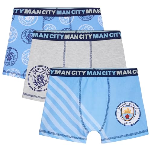 Manchester City F.C. Boys Boxer Shorts, Soft Breathable Stretchy Boxers Pack of 3 Underwear - Gifts for Boys (Blue, 11-12 Years)