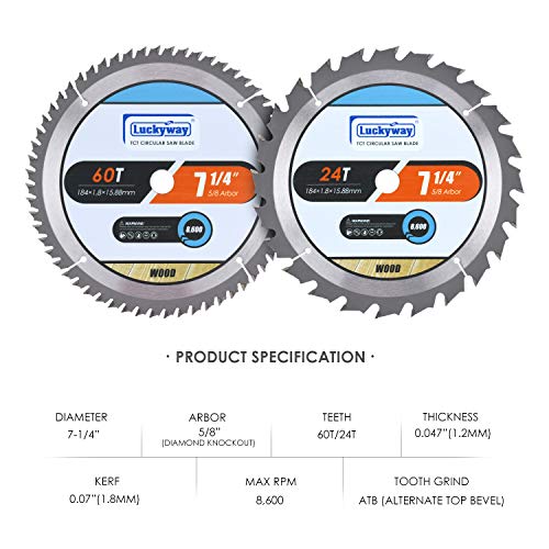 Luckyway 2-Pack 7-1/4 Inch 24T&60T With 5/8 Inch Arbor Tct Circular Saw Blade For Cutting Wood #TOP1