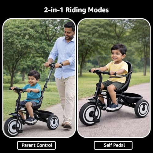 Image of Amazon Brand - Jam & Honey Tricycle for Kids | Seatblet, Parental Handle, & Storage Basket | ISI & BIS-Compliant | for Boys and Girls 2 to 4 Years | 73 x 46 x 90 cm | Black
