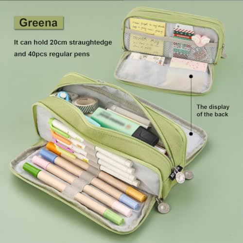 Image of MAMUNU Large Capacity Pencil Case, 3 Compartments Canvas Pencil Pouch with Zipper, Aesthetic Pencil Pen Pouch for School Students Teen Girls Boys, Green