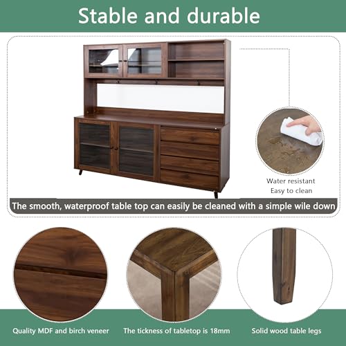 Image of Farmhouse Kitchen Pantry Cabinet, 74.8 inch Tall Freestanding Cupboard with Multi-Tier Storage Rack and Microwave Stand for Kitchen, Dining Room, Walnut
