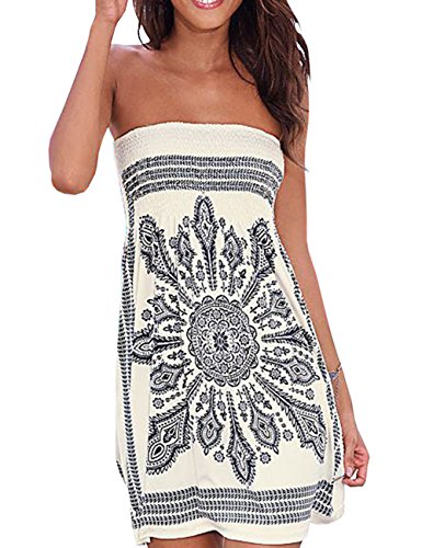 HAHAEMMA Femme Robe Eté Bustier Epaule Bohème Coloré Floral Casual Mini Plage
