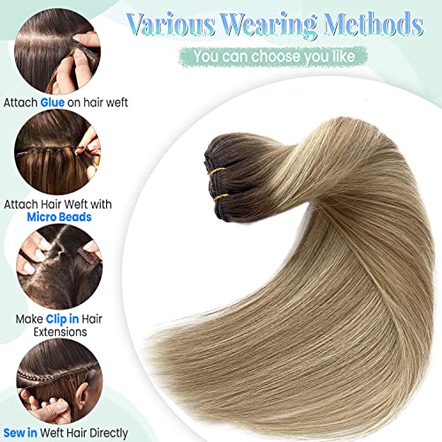 Image of Sew in Hair Extensions Real Human Hair, 14 Inch 80G Weft Hair Extensions Human Hair Hand Tied Ombre Brown Weave Bundles to Ash Blonde Balayage Blonde Human Hair Weft Sew in Extensions