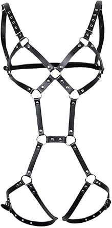 Women Punk Full Body Harness Lingerie Adjustable PU Leather Strap Bra Garter Belt Set Black