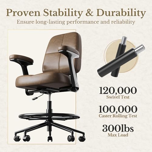 Image of Drafting Executive Chair, Tall Office Chair with Padded Flip-Up Armrests, Mid-Back Cushioned Seat, 360 Swivel Rolling Computer Desk Chair for Standing Desk & Home Office, Vintage Brown