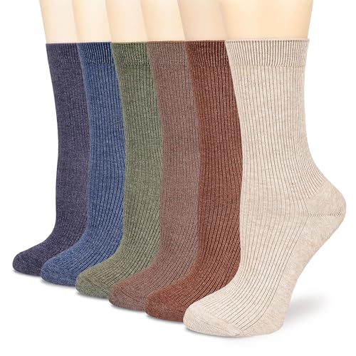 Image of Women Crew Socks Over the Ankle Cotton Mid-Calf Ultra Soft Breathable Multicolor knit Casual Aesthetic Socks 6 Pack