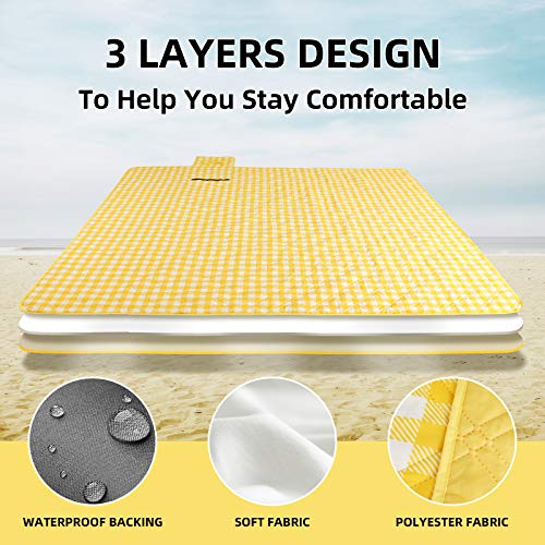 Lahawaha Extra Large Picnic Blankets, 80\'\'x80\'\' Washable Waterproof Foldable Oversized Picnic Mat Blanket for Beach, Camping On Grass (Yellow and White). - Thumbnail 2