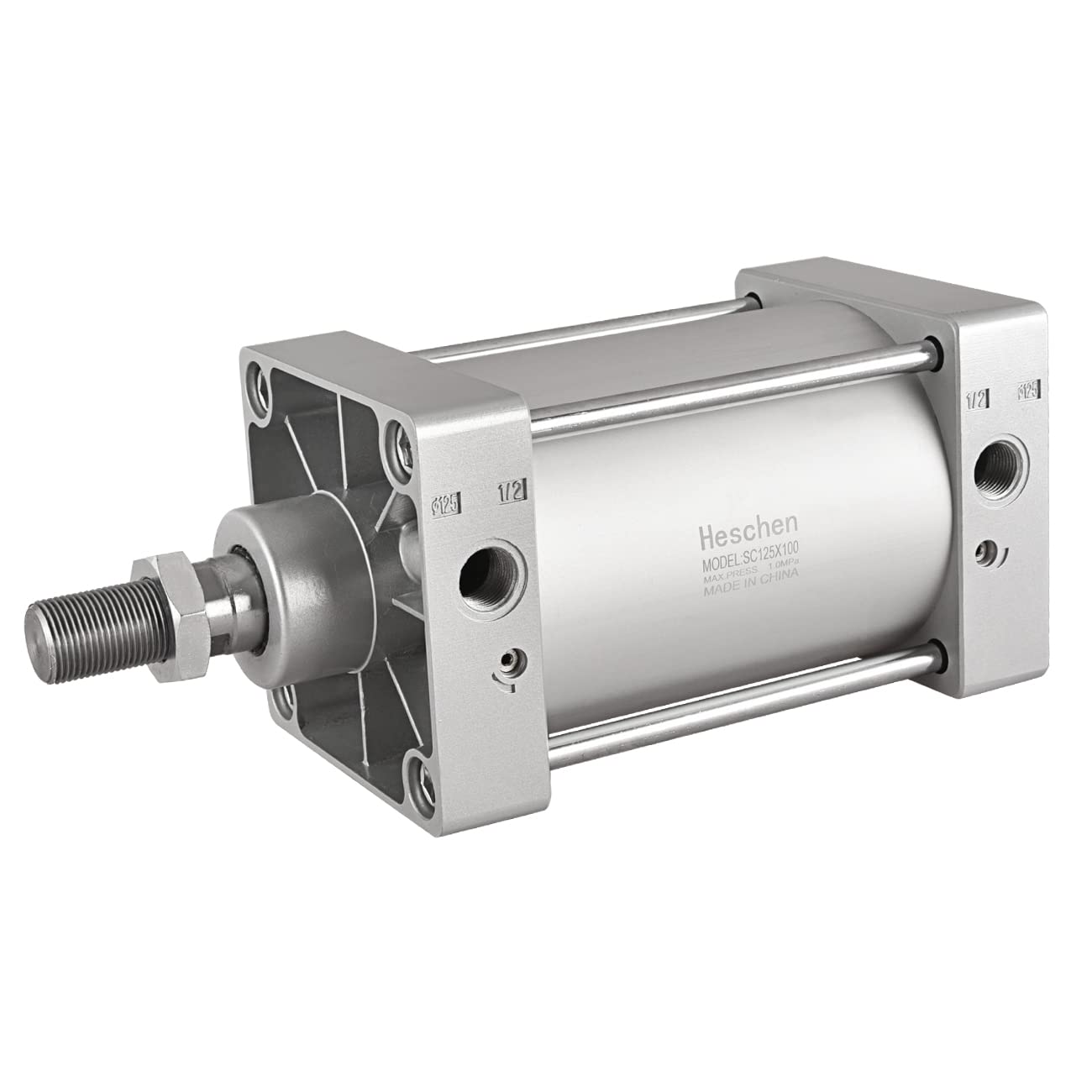 Heschen Tie-Rod Pneumatic Air Cylinder, SC 125-100, 125mm Bore, 100mm Stroke, PT 1/2 Port, Double Acting, Adjustable Cushion, Self-Lubricating Actuator for Industrial & Woodworking