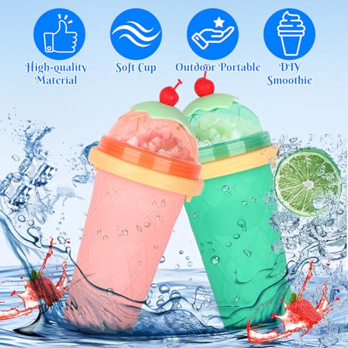 CIOXSOIO 2er Set DIY Slush Becher, Silikon Squeeze Cup mit 2-in-1 Strohhalm und Löffel, Slush Eis Becher zum Kneten Smoothie Pinch Ice Cup, DIY Slushy Maker Cups – Bild 3