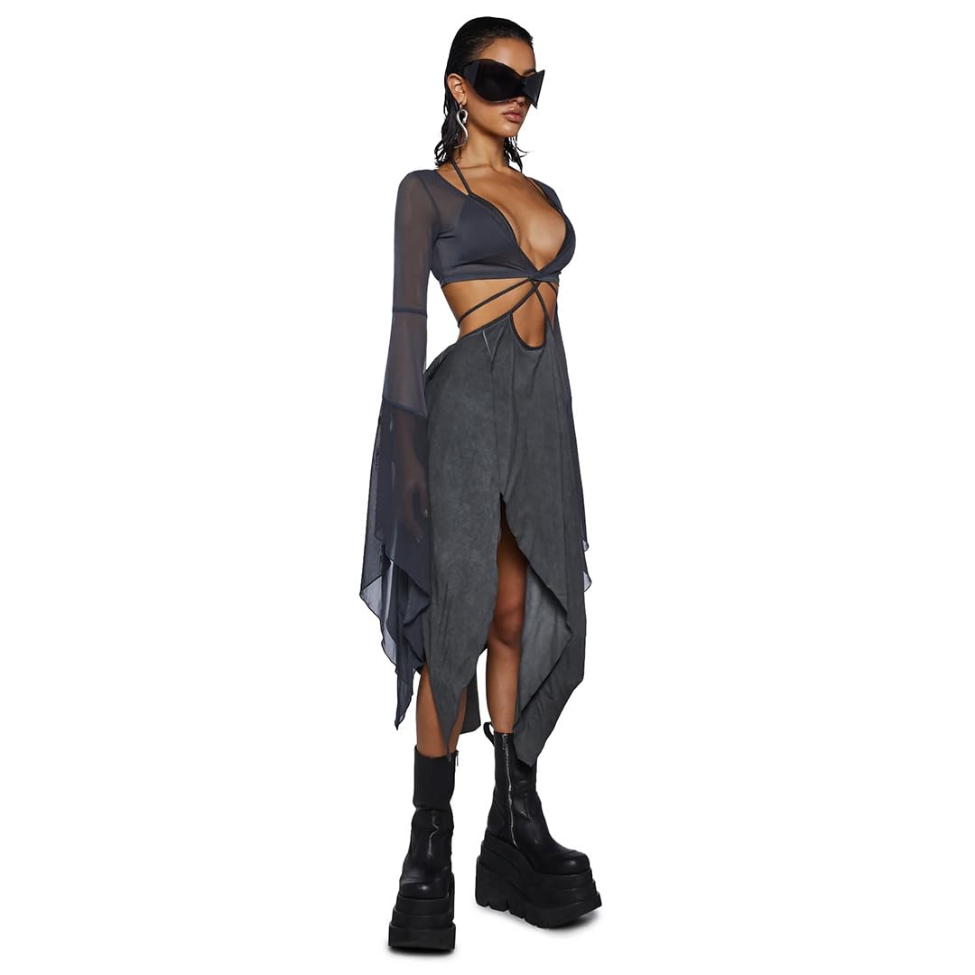 Dolls Kill Echo Asymmetrical Mesh Wrap Dress by Darker WAVS – Semi-Sheer Chiffon and Jersey Dress with Bell Sleeves