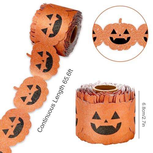 Image of Whaline 65.6Ft Halloween Bulletin Board Border Glitter Orange Pumpkin Die Cut Trim Border Roll for Spooky Chalkboard Wall Decor
