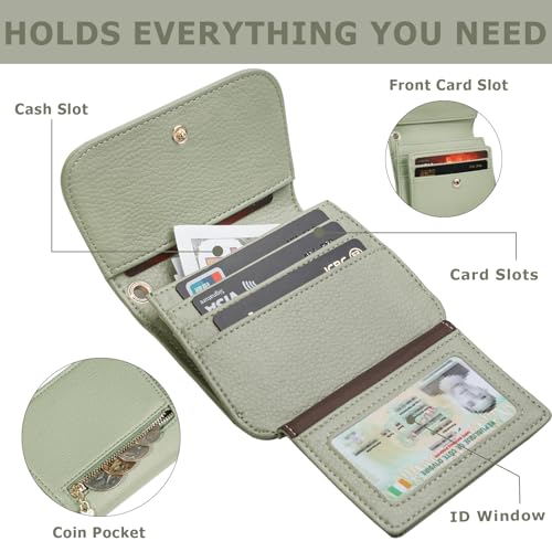 Image of Women Small Wallet RFID Blocking Slim Wallet with Coin Pocket Tri-Fold Credit Card Holder with ID Window and Keychain(Light Green)