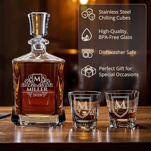 Custom Engraved Monogram Year Whiskey Decanter Gift Set – 23 oz Liquor/Bourbon Decanter with Glasses, Whiskey Stones, & Tongs – Premium Whiskey Gift for Men, Husband, Dad, or Boyfriend - Image 3