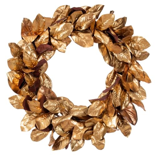 Vickerman 30 Metallic Gold Magnolia Leaf Wreath. It Measures 30 by 18 inches.